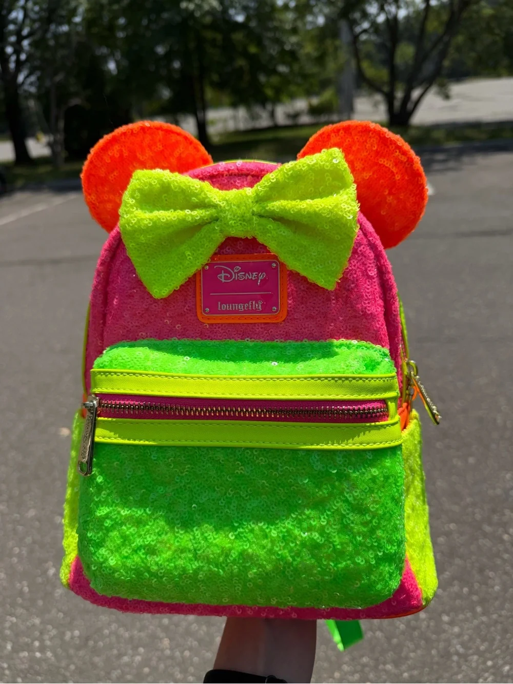 EUC wo tags Loungefly Neon Sequin Kids Mini Backpack - Pink, Neon Green & Orange